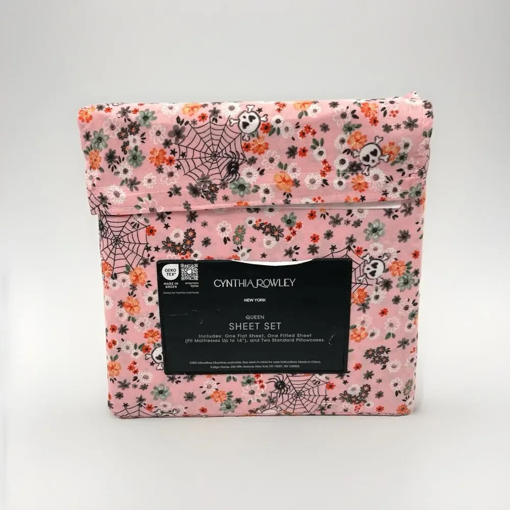 Cynthia Rowley Queen Size Pink Halloween Sheet Set With Flowers Skulls And Webs